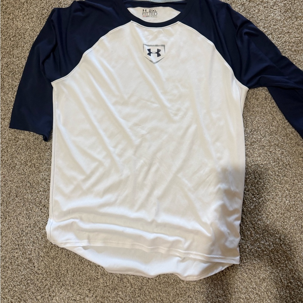 Men’s 2XL Under Armour 3/4 Sleeve Navy and White Tee
